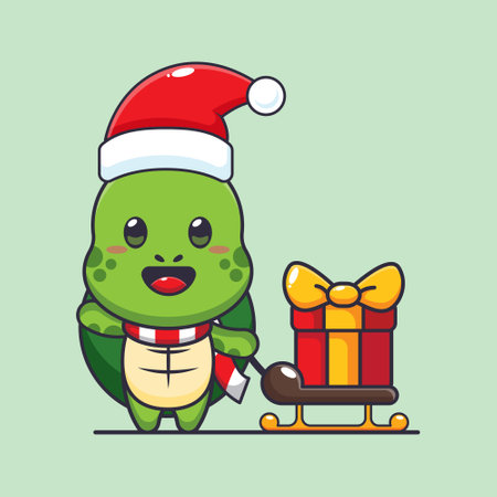 Cute turtle carrying christmas gift box. Cute christmas cartoon character illustration.のイラスト素材
