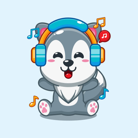 wolf listening music with headphone cartoon vector illustration.のイラスト素材