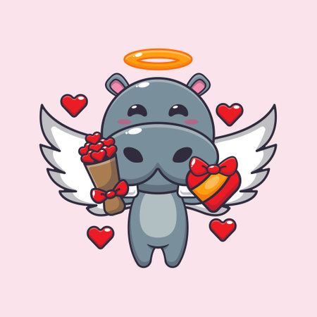 Cute hippo cupid cartoon character holding love gift and love bouquet.のイラスト素材