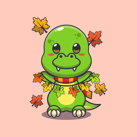 Cute dino with autumn leaf decoration. Mascot cartoon vector illustration suitable for poster, brochure, web, mascot, sticker, logo and icon.のイラスト素材