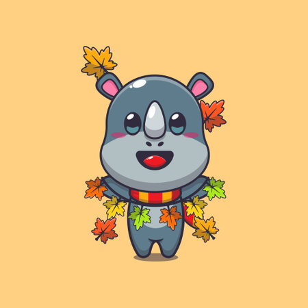 Cute rhino with autumn leaf decoration. Mascot cartoon vector illustration suitable for poster, brochure, web, mascot, sticker, logo and icon.のイラスト素材
