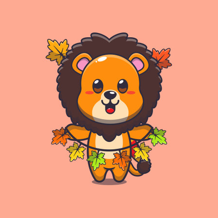 Cute lion with autumn leaf decoration. Mascot cartoon vector illustration suitable for poster, brochure, web, mascot, sticker, logo and icon.のイラスト素材