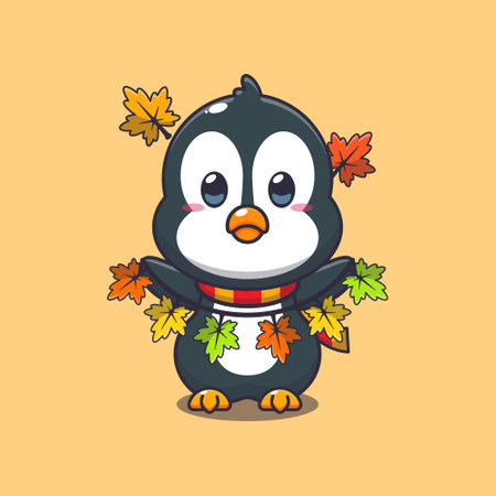 Cute penguin with autumn leaf decoration. Mascot cartoon vector illustration suitable for poster, brochure, web, mascot, sticker, logo and icon.のイラスト素材