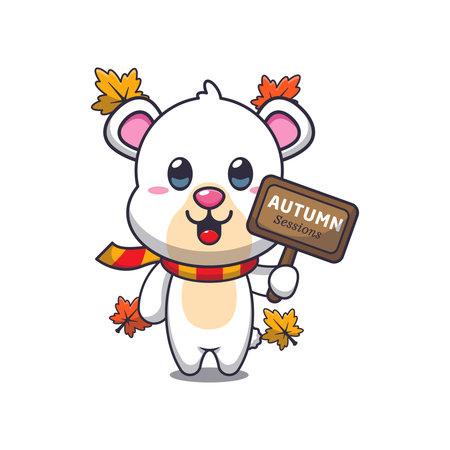 Cute polar bear with autumn sign board. Mascot cartoon vector illustration suitable for poster, brochure, web, mascot, sticker, logo and icon.のイラスト素材