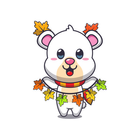 Cute polar bear with autumn leaf decoration. Mascot cartoon vector illustration suitable for poster, brochure, web, mascot, sticker, logo and icon.のイラスト素材