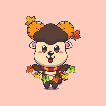 Cute ram sheep with autumn leaf decoration. Mascot cartoon vector illustration suitable for poster, brochure, web, mascot, sticker, logo and icon.のイラスト素材