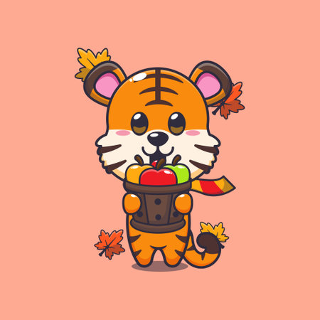 Cute tiger holding a apple in wood bucket. Mascot cartoon vector illustration suitable for poster, brochure, web, mascot, sticker, logo and icon.のイラスト素材