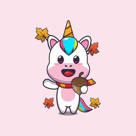 Cute unicorn with acorns at autumn season. Mascot cartoon vector illustration suitable for poster, brochure, web, mascot, sticker, logo and icon.のイラスト素材