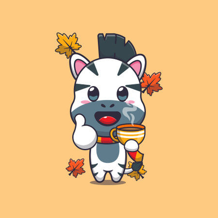 Cute zebra with coffee in autumn season. Mascot cartoon vector illustration suitable for poster, brochure, web, mascot, sticker, logo and icon.のイラスト素材