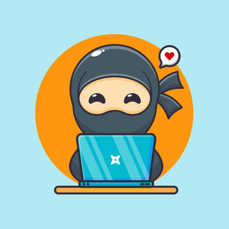 Cute ninja with laptop cartoon vector illustration. Vector cartoon Illustration suitable for poster, brochure, web, mascot, sticker, logo and icon.のイラスト素材