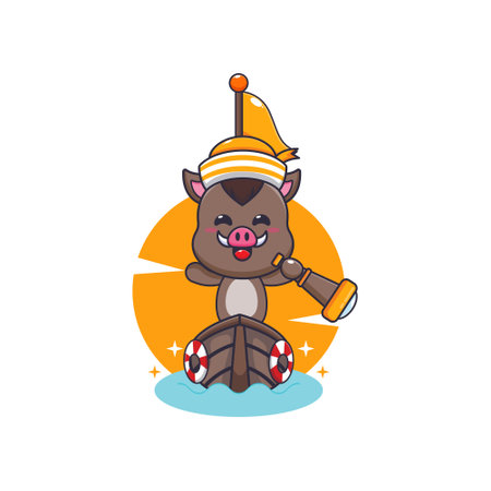 Cute boar mascot cartoon character on the boat. Vector cartoon Illustration suitable for poster, brochure, web, mascot, sticker, logo and icon.のイラスト素材
