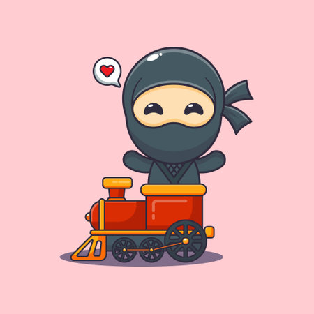 Cute ninja mascot cartoon character ride on train. Vector cartoon Illustration suitable for poster, brochure, web, mascot, sticker, logo and icon.のイラスト素材