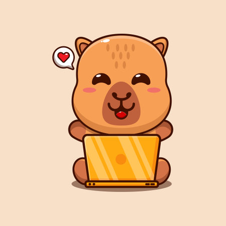 Cute capybara with laptop cartoon vector illustration. Vector cartoon Illustration suitable for poster, brochure, web, mascot, sticker, logo and icon.のイラスト素材