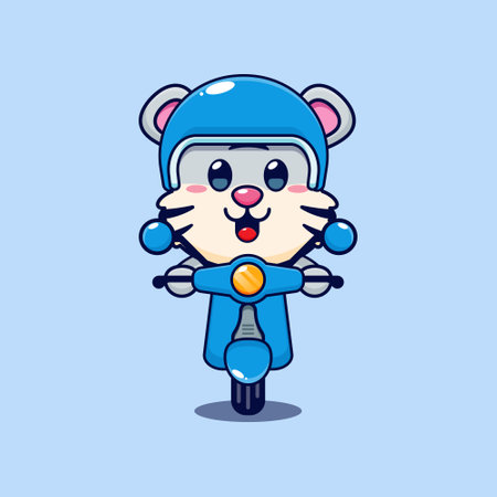 Cute white tiger mascot cartoon character ride on scooter. Vector cartoon Illustration suitable for poster, brochure, web, mascot, sticker, logo and icon.のイラスト素材