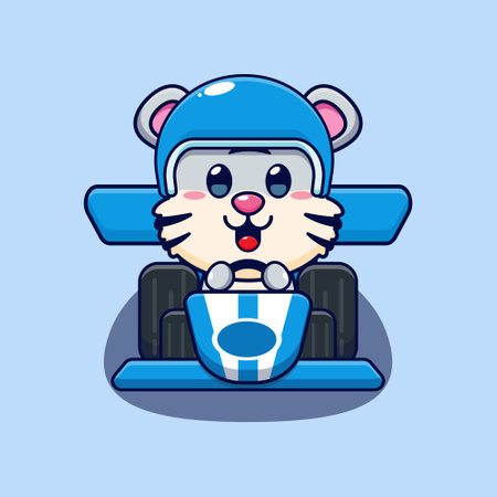 Cute white tiger mascot cartoon character riding race car. Vector cartoon Illustration suitable for poster, brochure, web, mascot, sticker, logo and icon.のイラスト素材