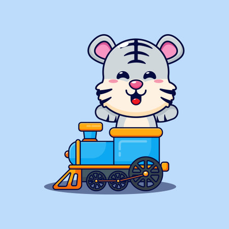 Cute white tiger mascot cartoon character ride on train. Vector cartoon Illustration suitable for poster, brochure, web, mascot, sticker, logo and icon.のイラスト素材