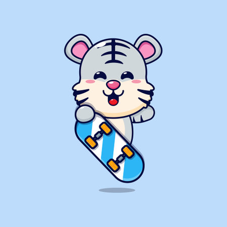 Cute white tiger mascot cartoon character with skateboard. Vector cartoon Illustration suitable for poster, brochure, web, mascot, sticker, logo and icon.のイラスト素材