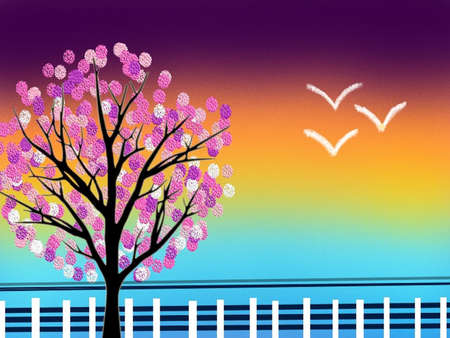 Cherry Tree Illustration exclusively designed for Lamination, ecard, giftwrapping paper, fabrics, wallpaper etc purposesの写真素材