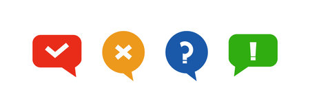 Set of colored check box icons. Tick and cross, question mark, exclamation point. Vector illustration.のイラスト素材