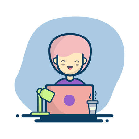 Cute smiling girl design illustration with laptop and coffee, Can be used for many purpose.のイラスト素材