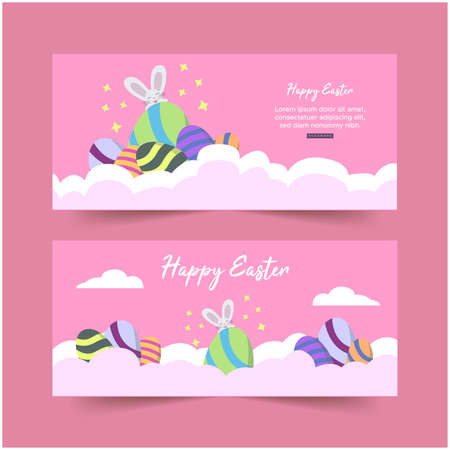 Easter egg banner template design illustration, With pink background, cute smiling rabbit, ornament eggs, Can be used for website banner and many more.のイラスト素材