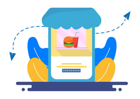 Ordering online fast food design illustration, With mobile phone and flower background, Can be used for many purpose.のイラスト素材