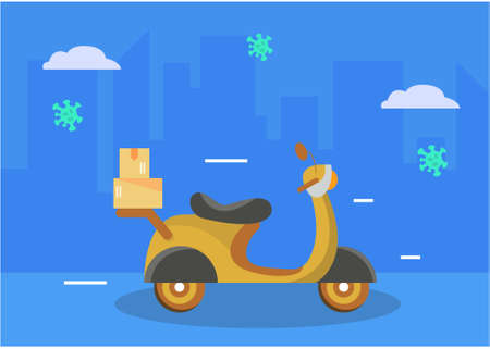 Motorcycle delivery design illustration, With medicine package, City background and corona virus, Can be used for many purpose.のイラスト素材