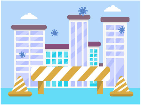 City ââquarantine design illustration, With roadblock and corona virus, Can be used for many purpose.のイラスト素材