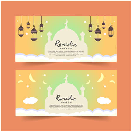 Ramadan banner template design illustration, With mosque background and hanging lantern, Can be used for many purpose, Easy editableのイラスト素材