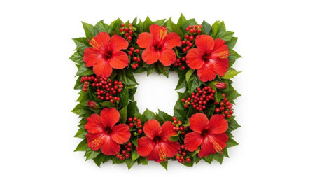 Vibrant square wreath made from red hibiscus flowers, green leaves, and small red berries on white background, ideal for summer decor.の素材