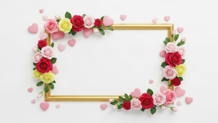 Beautiful rectangular golden frame adorned with lush roses pink hearts and green foliage on light surfaceの素材