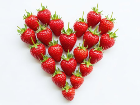 Romantic heart formation with ripe red strawberries, perfect for Valentines Day, healthy food, sweet desserts and summer celebrationsの素材