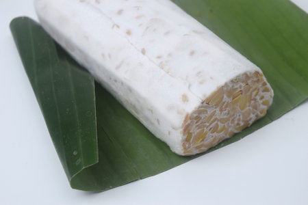 A raw food made from fermented soybeans and yeast and wrapped in banana leaves. in Indonesia this...