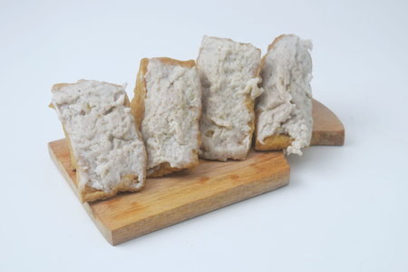Close up shot of Indonesian tofu meatballs made from raw tofu filled with meat and starch dough that...