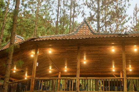 Javanese house style wooden ceilings with lamps are at the Guci Forest tourist attractionの写真素材