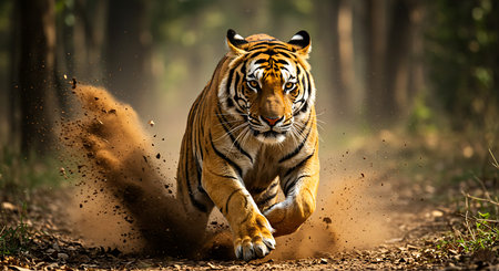 A powerful Bengal tiger is captured in mid-stride, running through a dusty forest path. Generative Aiの素材