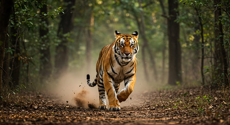 A stunning image of a Bengal tiger in full stride, running through a dense forest. Generative Aiの素材