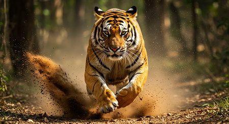 A powerful Bengal tiger is captured in mid-stride, running through a dusty forest path. Generative Aiの素材