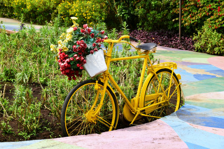 A yellow classic bicycle with flowers on its net is at the "Batu Love Garden" tourist attraction in Batu, Malang, Indonesiaの写真素材