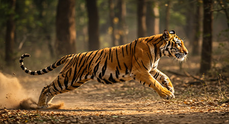 A stunning action shot of a Bengal tiger running through a forest floor, kicking up dust. Generative Aiの素材