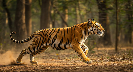 A stunning action shot of a Bengal tiger running through a forest floor, kicking up dust. Generative Aiの素材