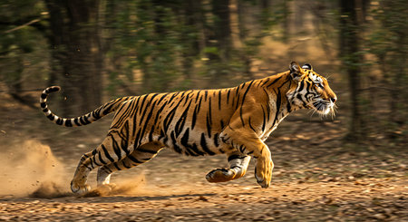 A stunning action shot of a Bengal tiger running through a forest floor, kicking up dust. Generative Aiの素材