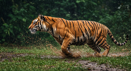 A powerful tiger sprints through a lush, green rainforest after a downpour. Generative Aiの素材