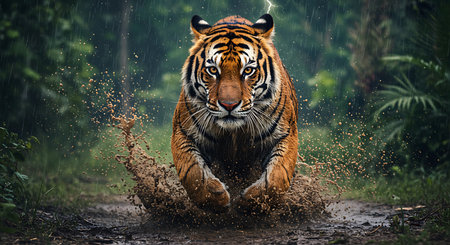 A powerful tiger leaps through a muddy puddle during a torrential rain storm in a lush jungle. Generative Aiの素材