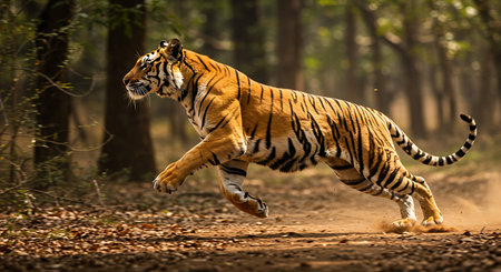 A stunning action shot of a Bengal tiger running through a forest floor, kicking up dust. Generative Aiの素材