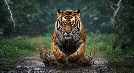 A powerful tiger leaps through a muddy puddle during a torrential rain storm in a lush jungle. Generative Aiの素材