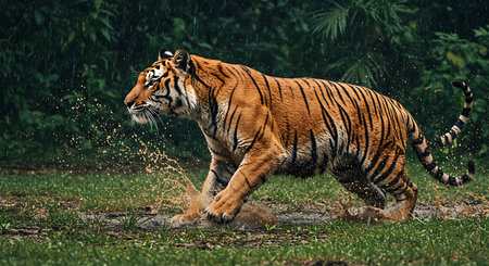 A powerful tiger sprints through a lush, green rainforest after a downpour. Generative Aiの素材