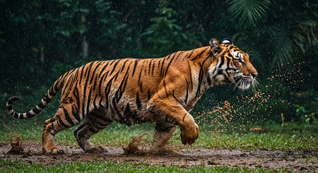 A powerful tiger sprints through a lush, green rainforest after a downpour. Generative Aiの素材