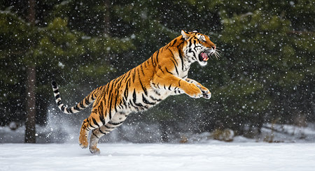 A powerful Siberian tiger leaps gracefully in a snowy forest setting, amidst falling snow. Generative Aiの素材