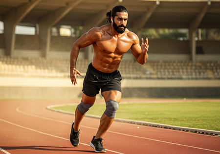 A strong man, shirtless, is sprinting on a running track at a stadium. Generative Aiの素材